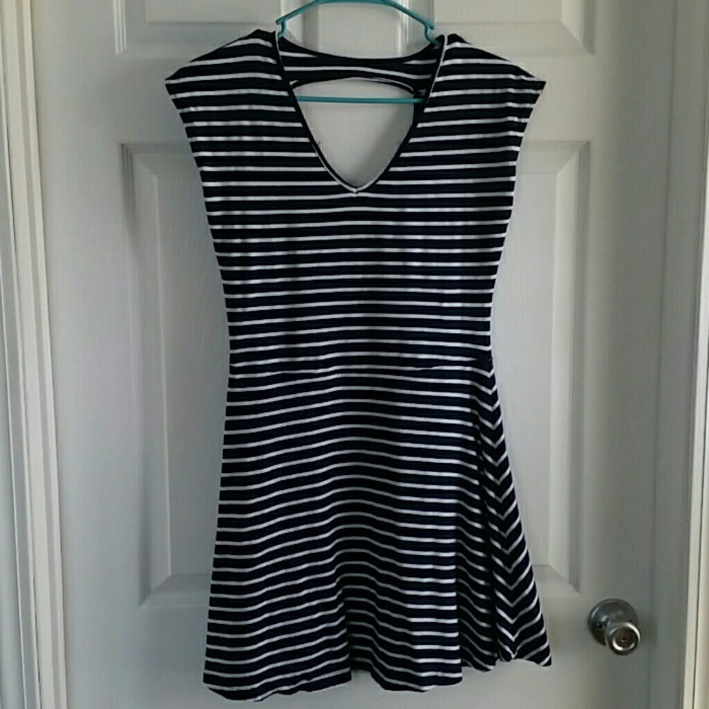 Cotton navy striped fit and flare dress